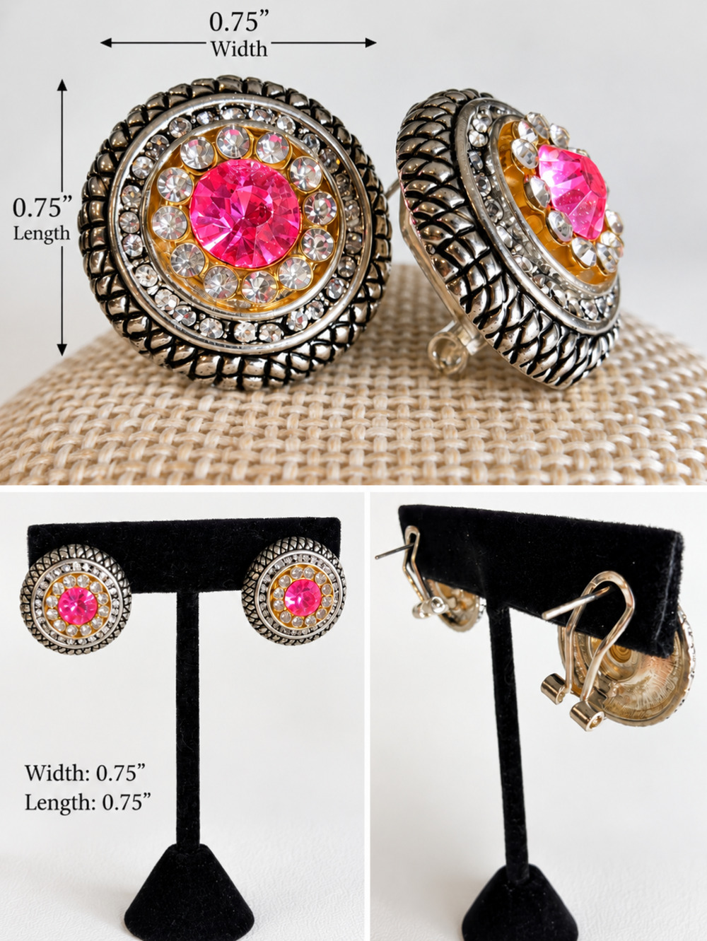 Vintage Silver Gold Tone Omega Back Stud Earrings Pink Crystal Rhinestone 0.75"